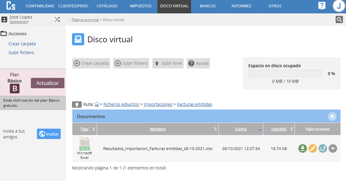 Disco virtual facturas importadas
