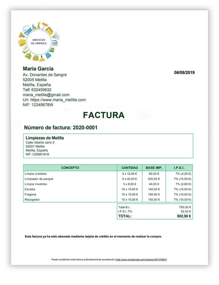 Ejemplo de factura con IPSI de Ceuta o Melilla