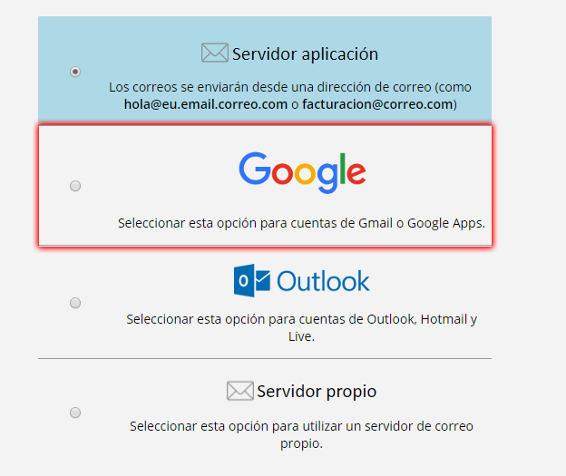 Selección de la opción Gmail.