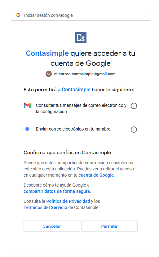 Permisos necesarios en Gmail