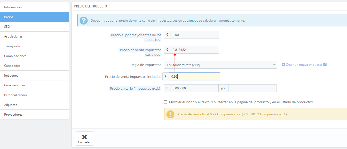 Introducción de precios del producto con o sin IVA