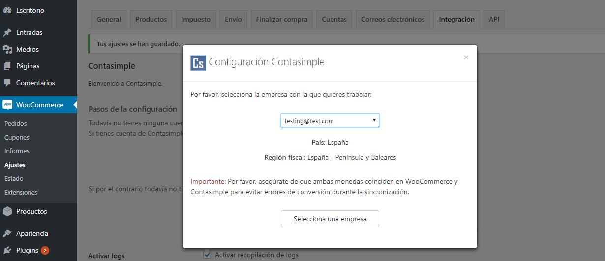 Seleccionar la empresa destinataria en Contasimple