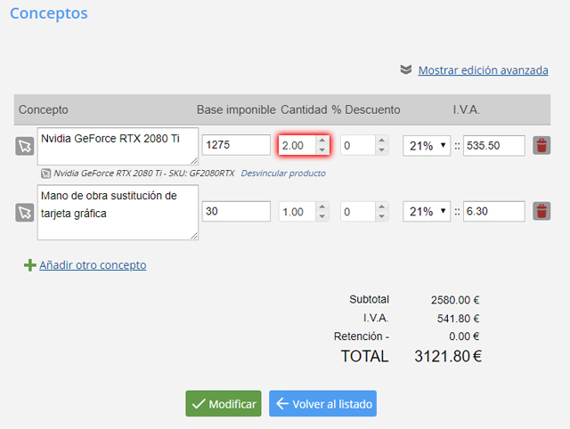 Modificación factura