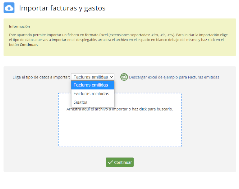 Opciones de importación de facturas