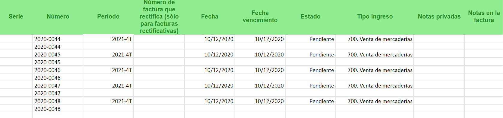 Excel de ejemplo para facturas emitidas