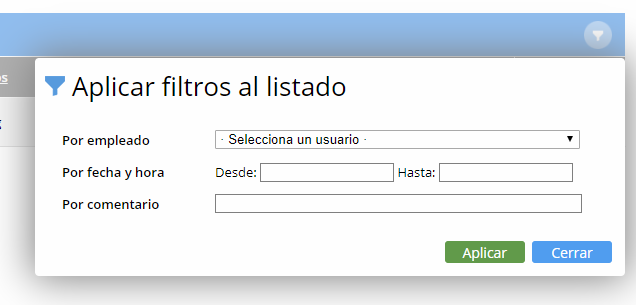 Aplicar filtros al listado de registros horarios