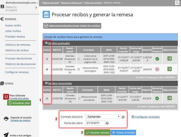 Introduce los recibos la entidad bancaria y la fecha en tu remesa bancaria