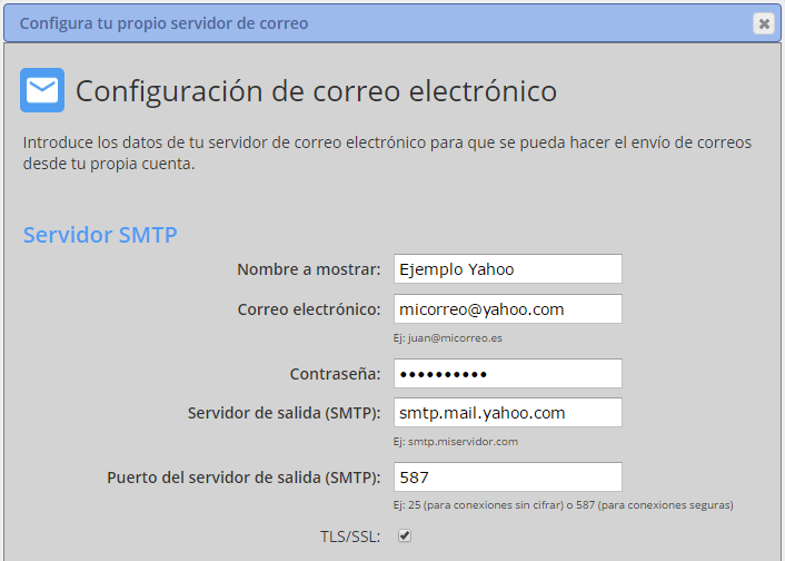 Imagen con los datos de configuración de Yahoo.