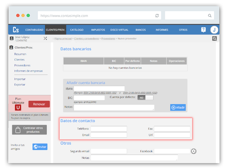 Datos contacto proveedor