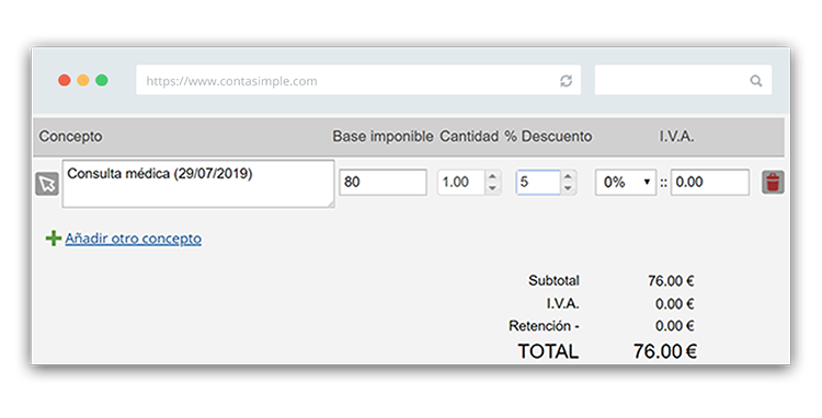 Descuento concepto en factura de médico, psicólogo o dentista