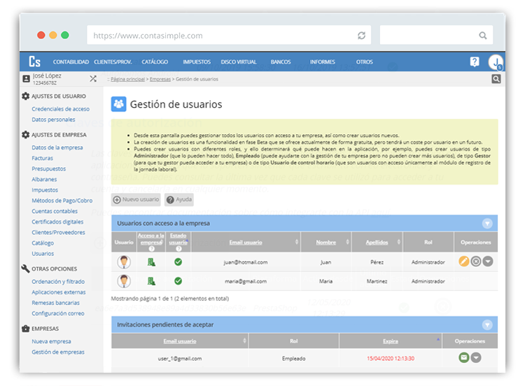 Usuarios con acceso a tu cuenta de Contasimple