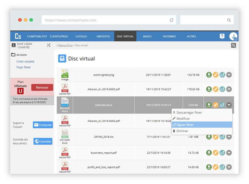 Signa les factures, pressupostos o albarans o qualsevol altre fitxer