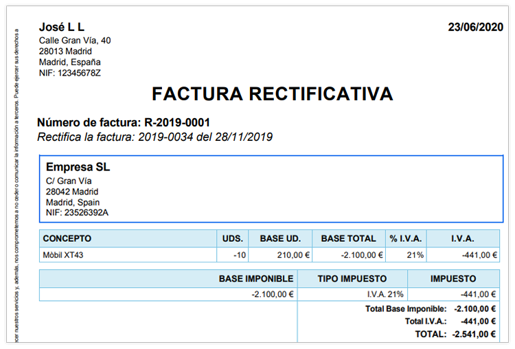 Exemple de factures rectificatives