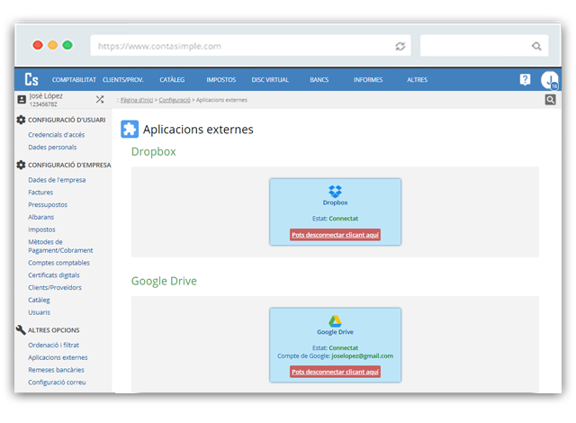 Pantalla de vinculació del teu compte a Google Drive i Dropbox