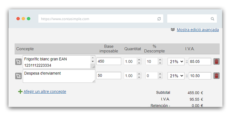 Concepte de descompte en factura ECommerce