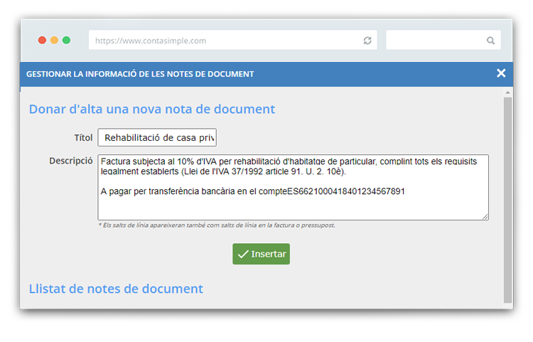 Com crear notes en factura construcció