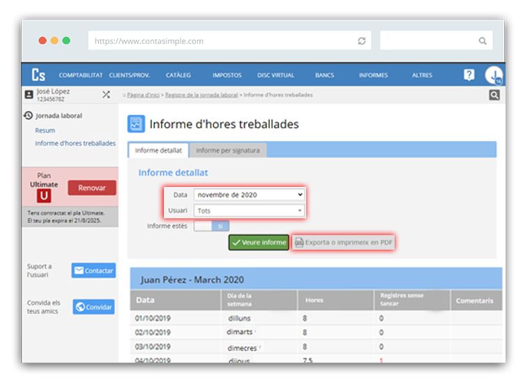 Informe d'hores treballades