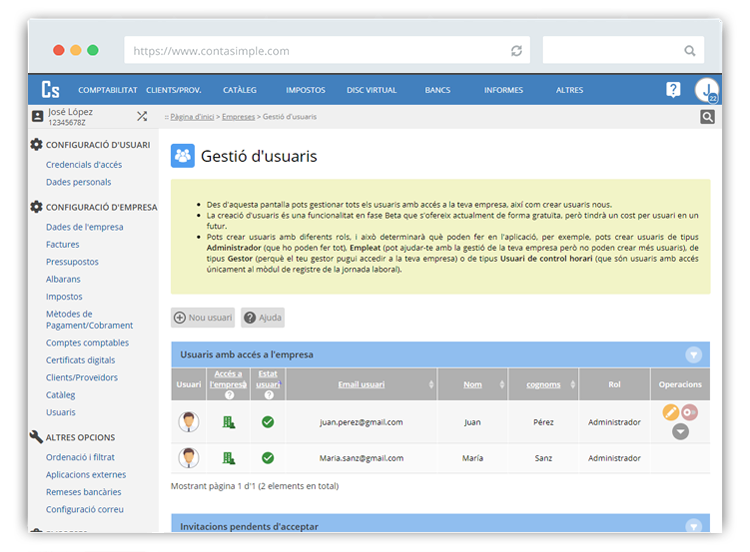 Usuaris amb accés al teu compte de Contasimple