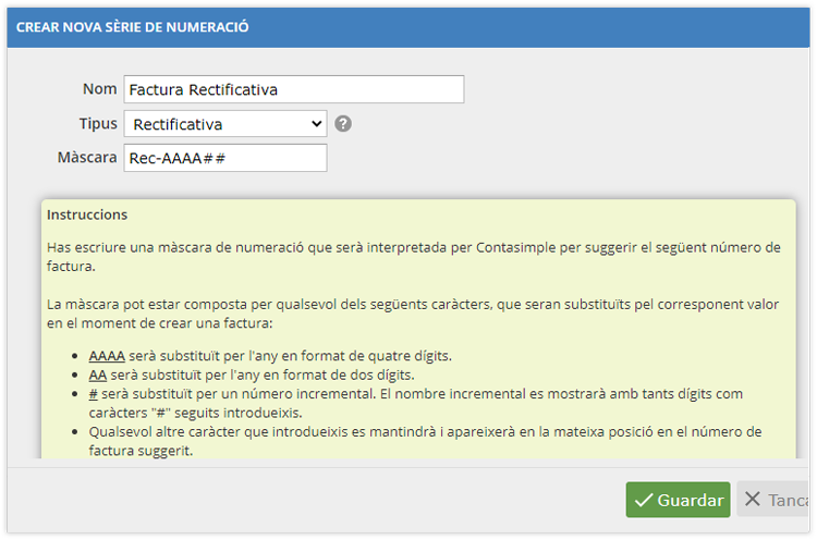 Configurar nova sèrie de numeració