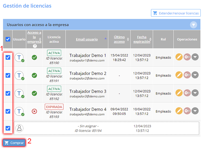 Extender licencias selección