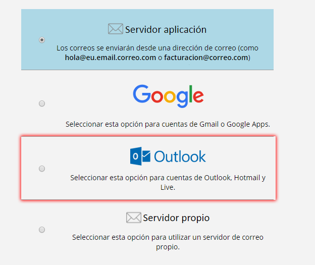 Selección de la opción Outlook.