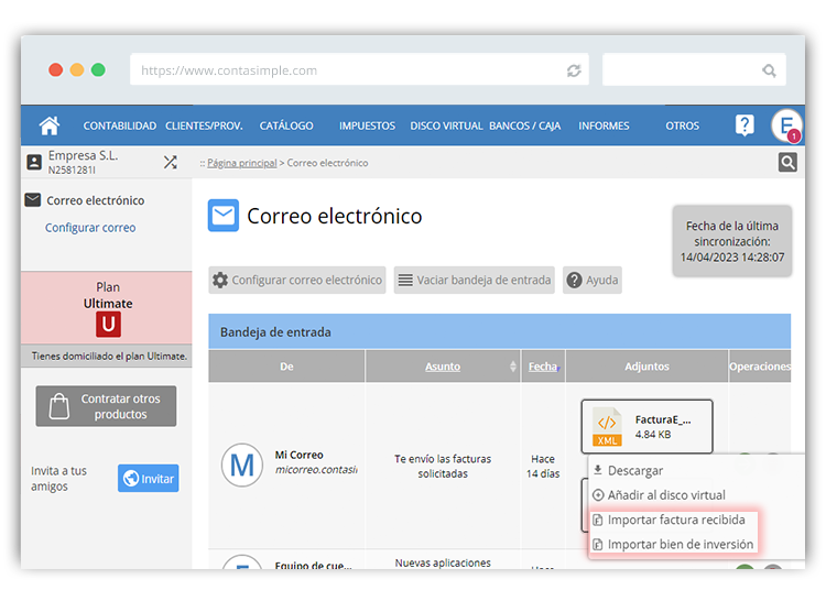 Importar facturas bandeja de entrada correo electrónico