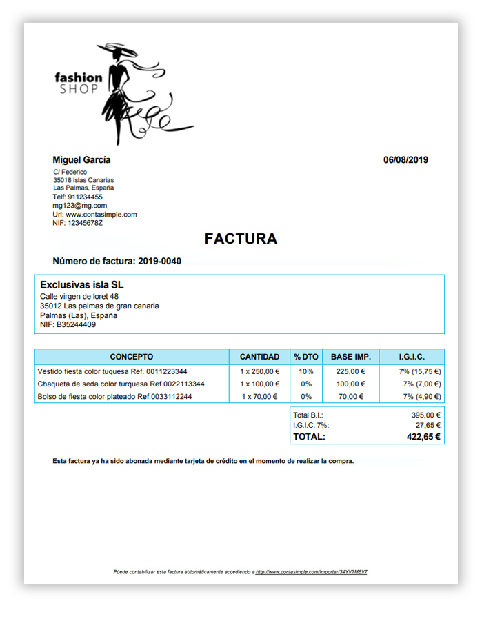 Ejemplo de factura con IGIC