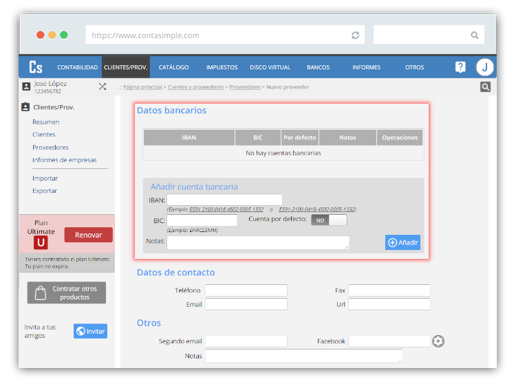 Datos bancarios proveedor