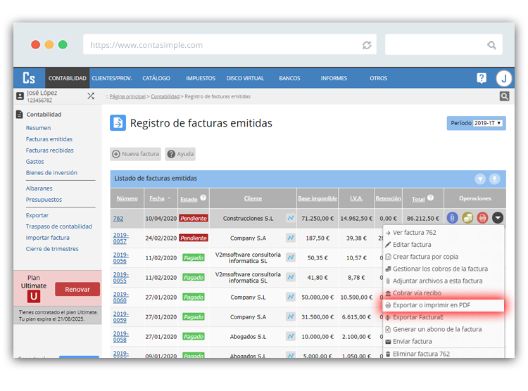 Exportación de facturas con Contasimple