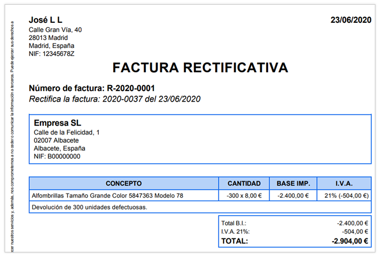 Ejemplo de facturas rectificativas