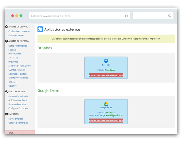 Pantalla de vinculación de tu cuenta con Google Drive y Dropbox