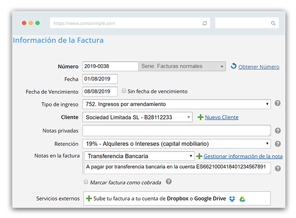 Retención IRPF facturas alquiler local