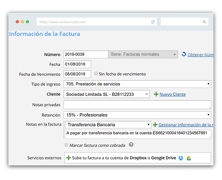 Factura de autónomo profesional a Empresa o a otro autónomo