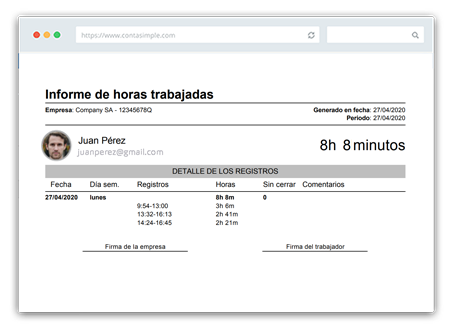 Exportar informe de registro control horario