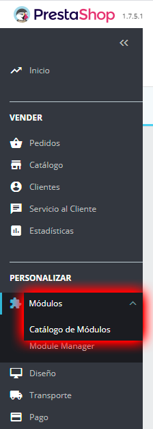 Menú 'Módulos' en el panel de administración de PrestaShop