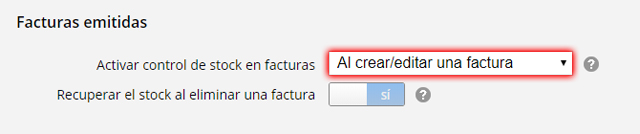 Control stock facturas emitidas