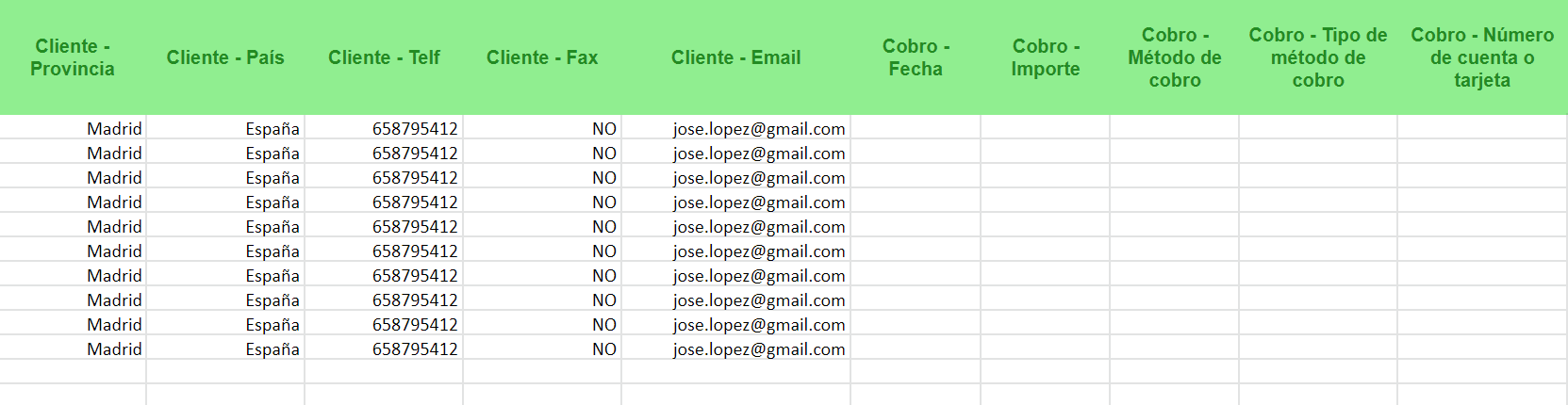 Excel de ejemplo para facturas emitidas