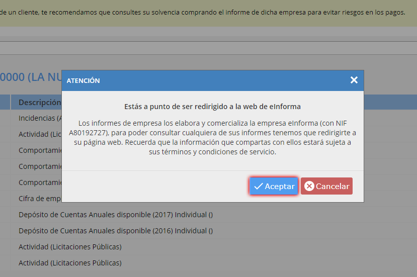 Diálogo de confirmación de redirección a la web de eInforma