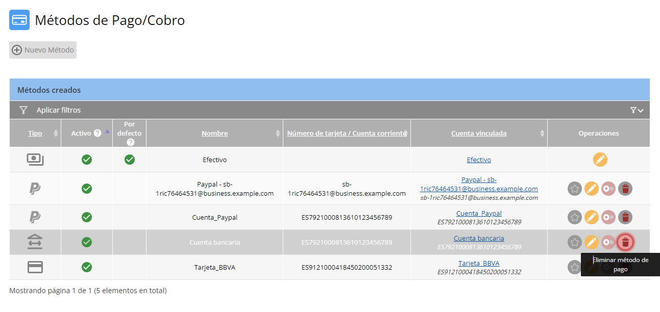 Eliminar metodo de pago