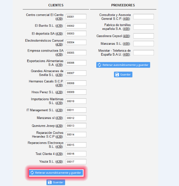 Configuración de los números de cuenta para las cuentas de clientes y proveedores