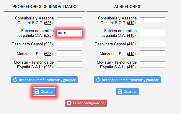 Configuración de los números de cuenta para las cuentas de clientes y proveedores