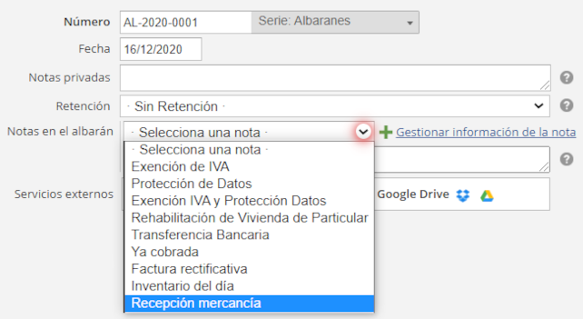 Notas en el albarán. Recepción mercancía