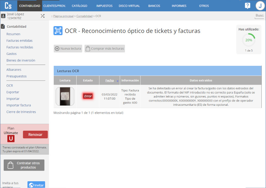 Error lectura ticket OCR