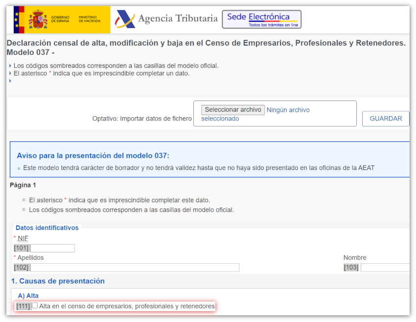 Modelo 037 - Alta en Hacienda