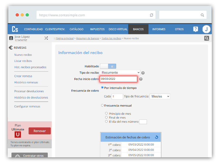 Frecuencia mensual recibo recurrente