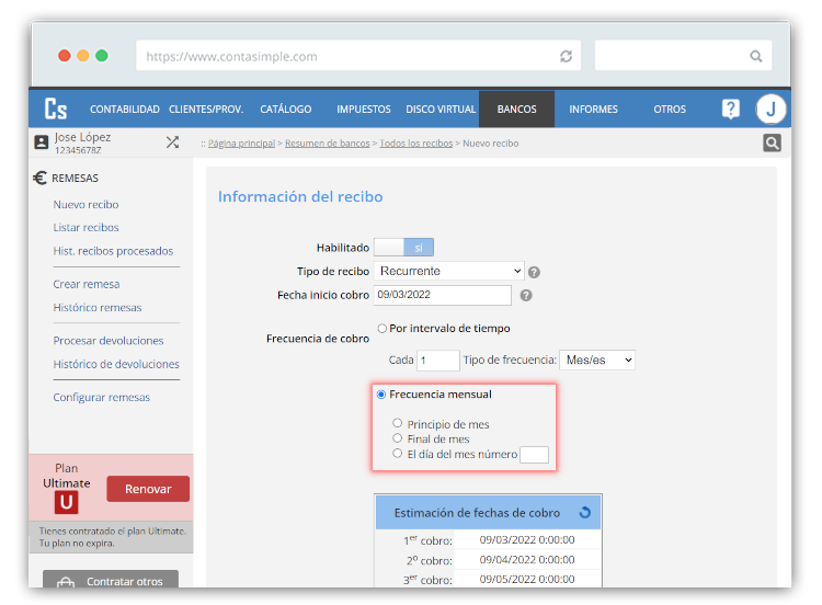 Frecuencia mensual recibo recurrente