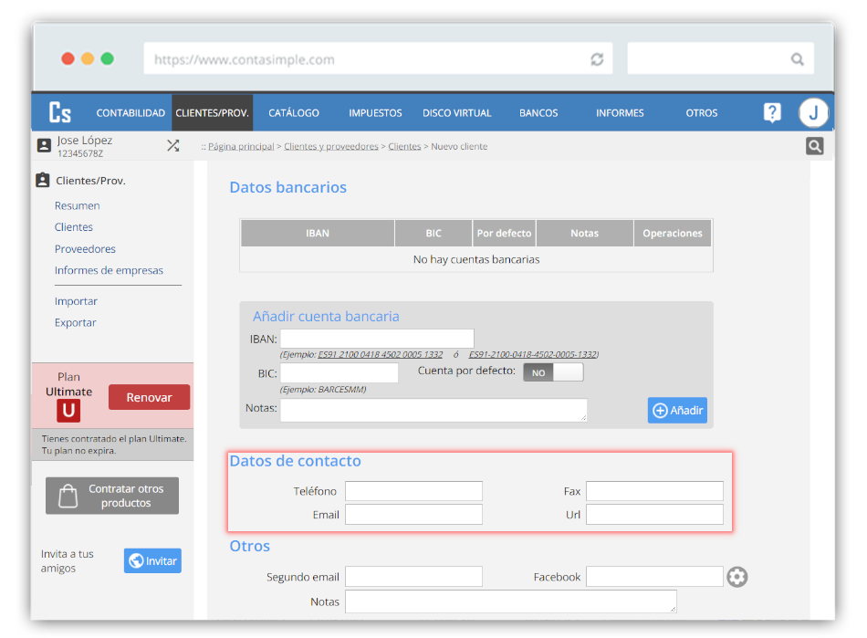 Datos de contacto cliente