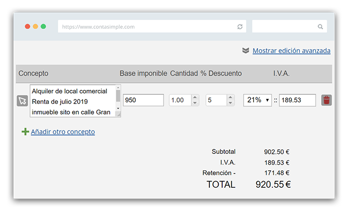 Descuento concepto en factura alquiler local