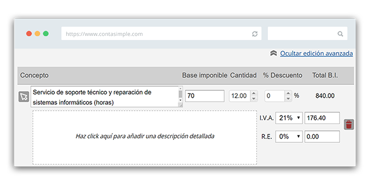 Descripción detallada factura para informáticos, programadores o diseñadores