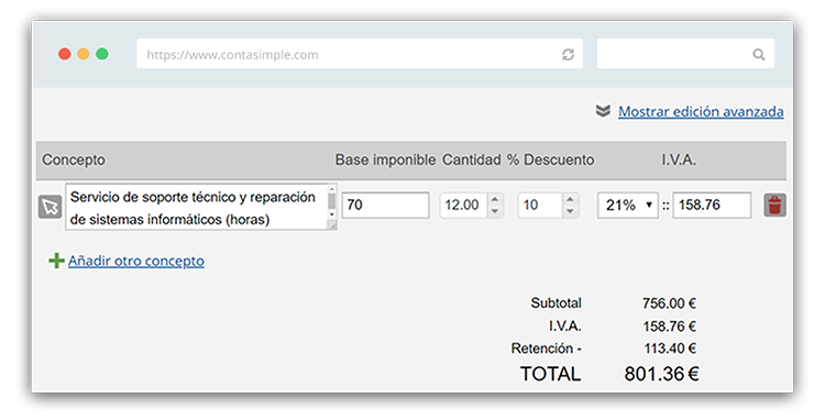 Descuento concepto en factura para informáticos, programadores o diseñadores